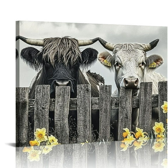 Highland Cow Wall Art Black and White Canvas Prints Animal Poster Framed Longhorn Picture for Home Farmhouse Decor