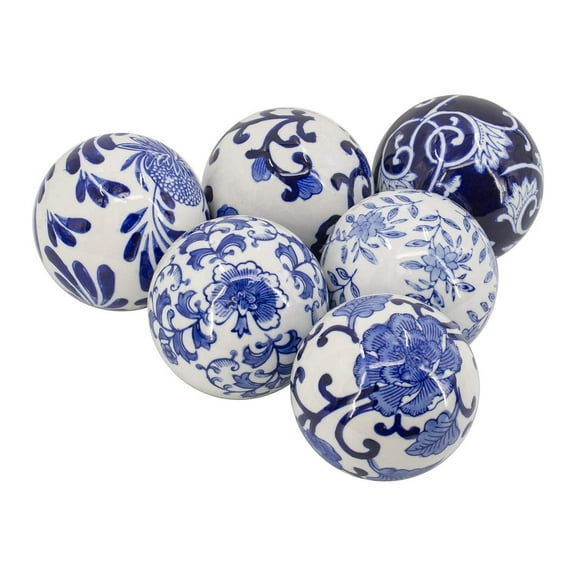 4" Blue and White Decorative Orbs for Bowl Vase, Table Centerpiece Decor, Set of 6 Porcelain Sphere Balls