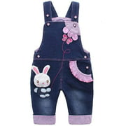 KIDSCOOL SPACE Baby Girl Jean Overalls,Toddler Denim Cute 3D Bunny Outfit,Blue,6-12 Months