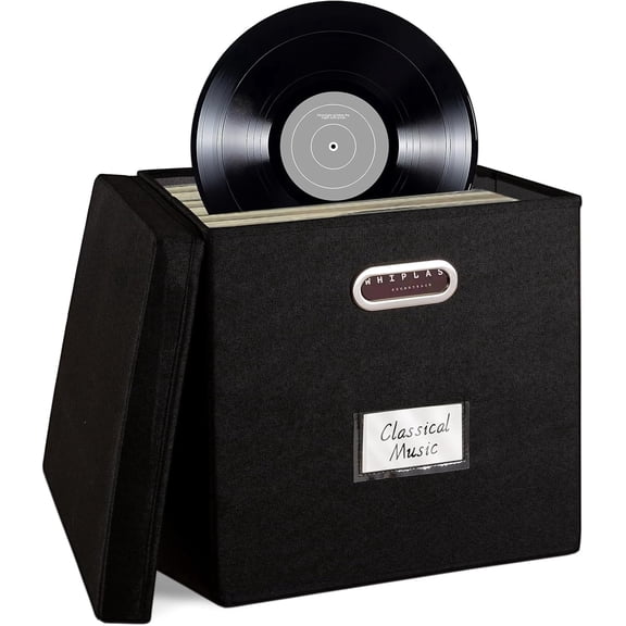 Bevtee Vinyl Record Storage Box, Fabric Storage Boxes with Lids,Holds up 50 Record, for Moving, Office, Home Organizer, 13"x13"x13",Black