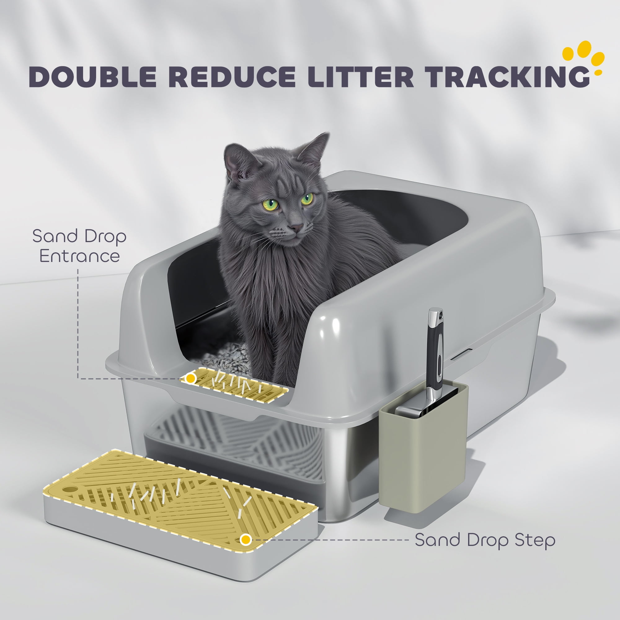 PawHut Stainless Steel Litter Box, Metal Litter Box with High Sided for Easy Clean & Anti-Urine Leakage, with Metal Scoop & Scoop Holder