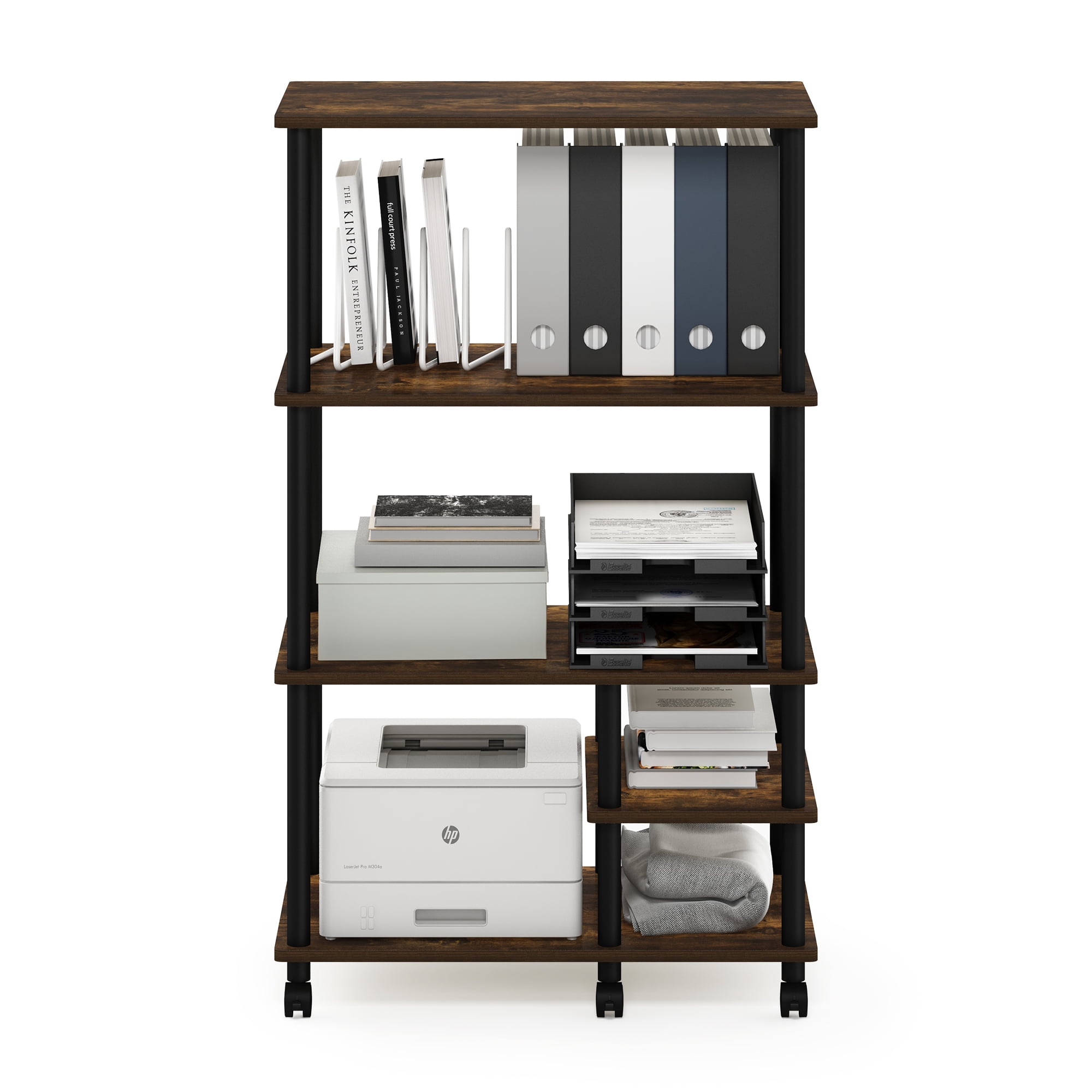 Furinno Turn-N-Tube 4-Tier Toolless Multipurpose Printer Stand Display Storage Shelf with Wheels, Amber Pine/Black