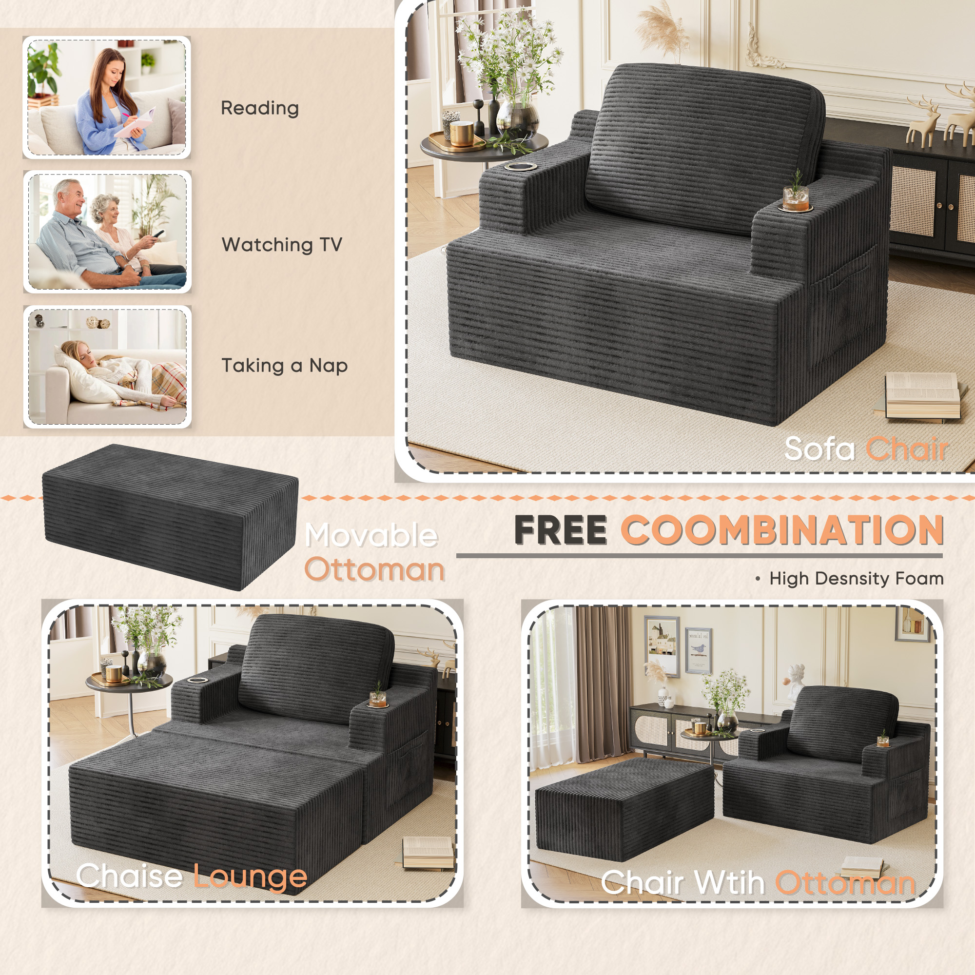 Homall Oversized Boneless Sofa Chair Deep Seat Sleeper Sofa Chaise Lounge Chair Indoor for living room,Black