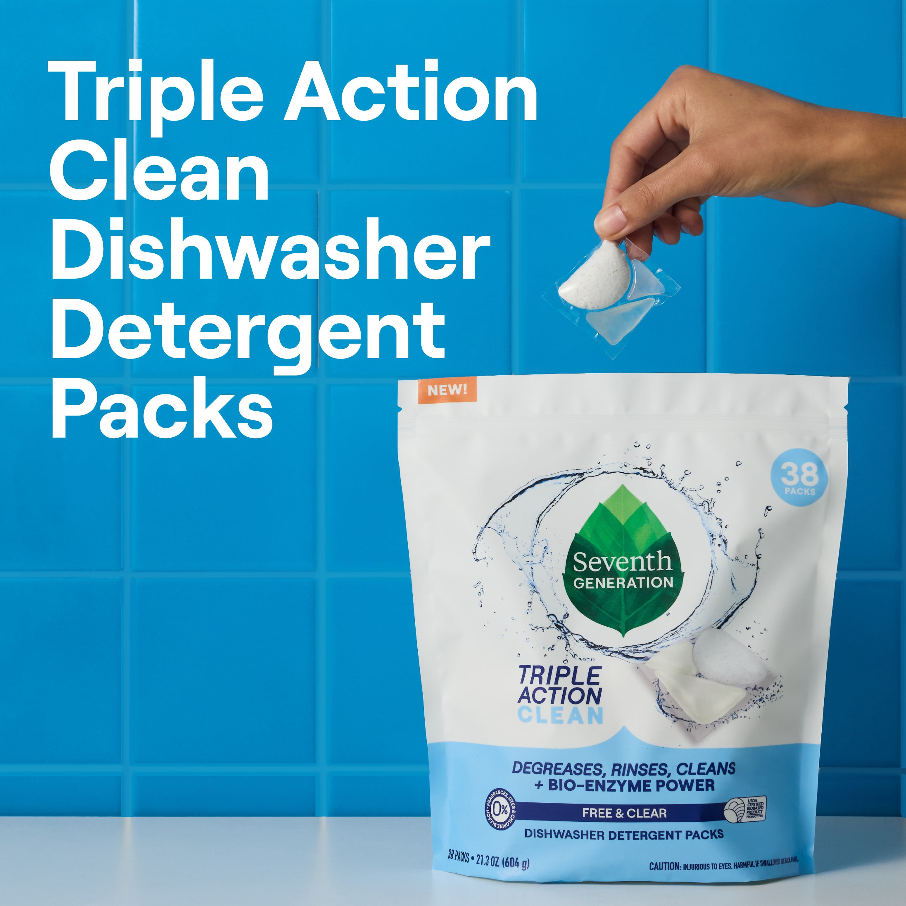 Seventh Generation Dishwasher Detergent, Fragrance Free, Triple Chamber Detergent Packs, 38ct