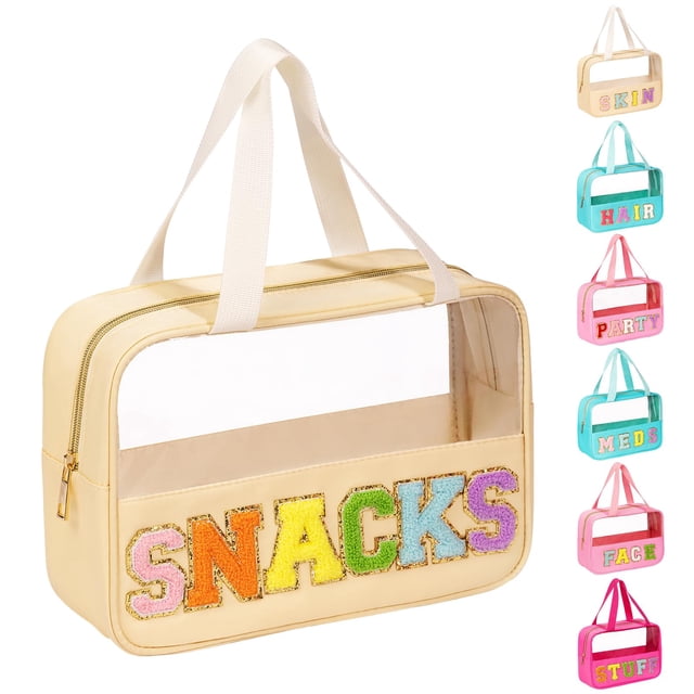 Bolsa de maquillaje Eurovicky con parche con letras de chenilla transparente e impermeable