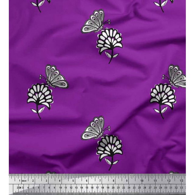 Soimoi Purple Crepe Silk Fabric Floral & Insect Print Sewing Fabric BTY 42 Inch Wide