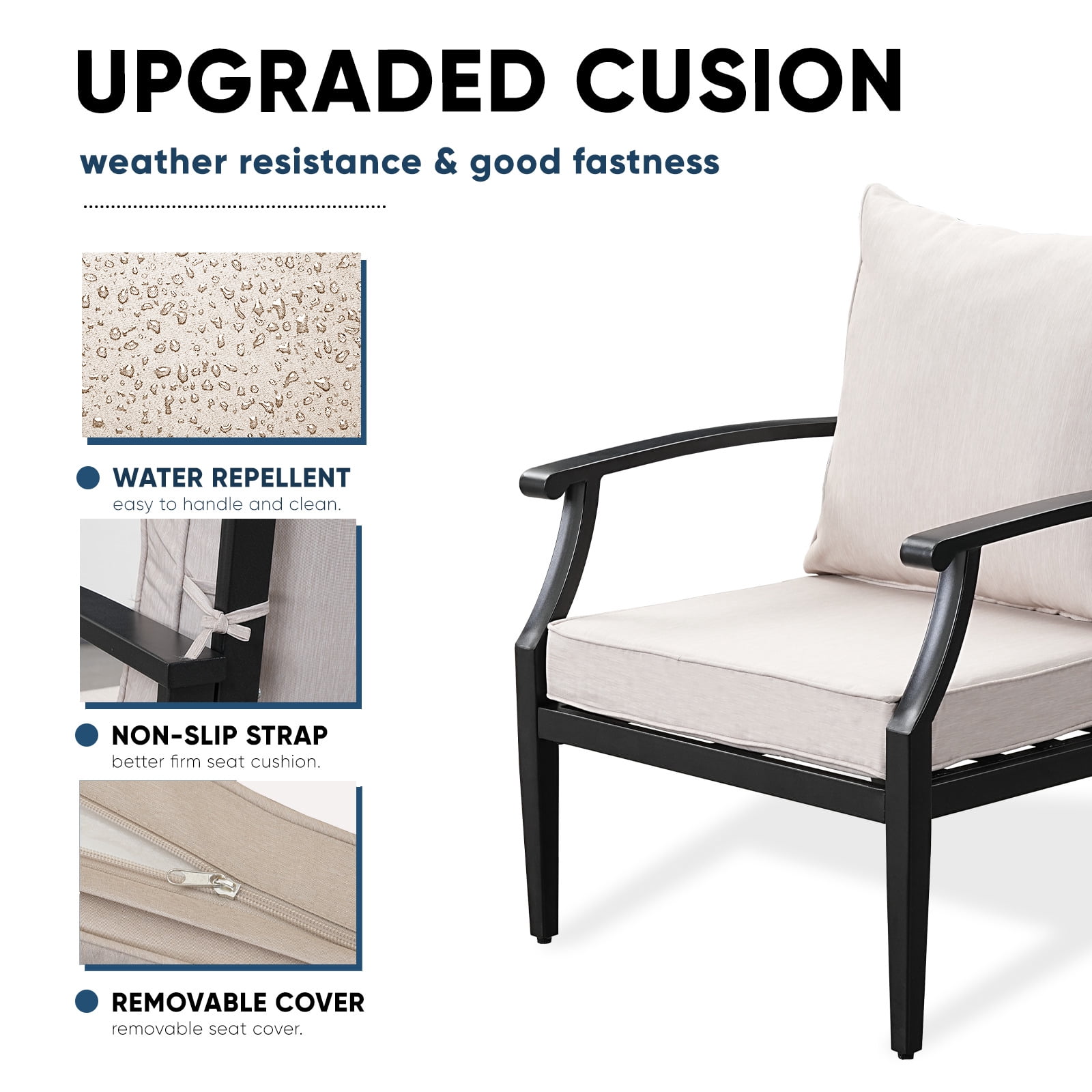 TerraRelax 4 Piece Outdoor Patio Furniture Set, Oversized Metal Conversation Set with High Back & Deep Seating, Water-Repellent Cushions, Coffee Table for Porch, Deck, Backyard, Beige