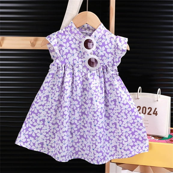 uublik Little Girls Dresses Size 1T-8 Ruffle Sleeve Tiered Flowy A-Line Cute Midi Casual Sundress Purple