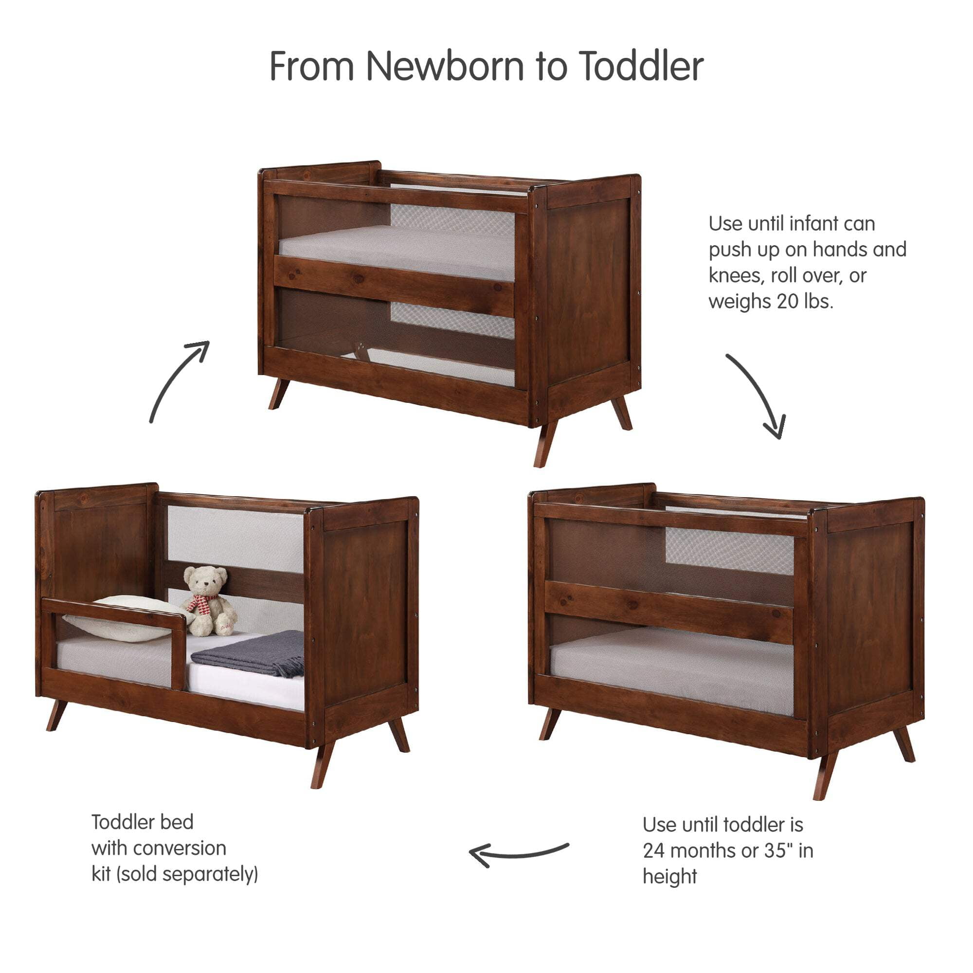 BreathableBaby Breathable Mesh 3-in-1 Convertible Crib, Walnut, Greenguard Gold Certified