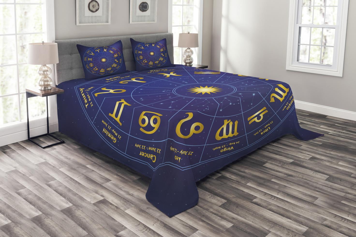 Astrology Bedspread Set, Horoscope Zodiac Signs with Birth Dates in