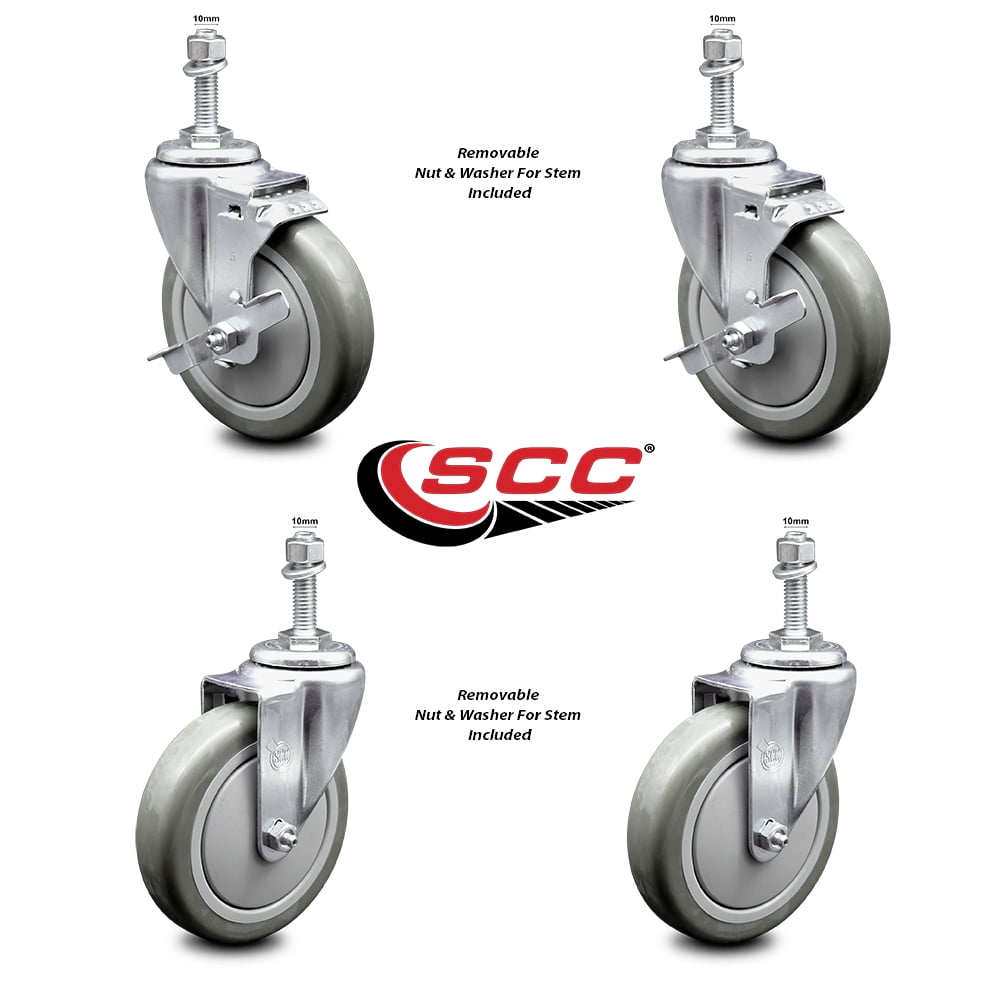 Polyurethane Swivel Threaded Stem Caster Set of 4 w/5" x 1.25" Gray