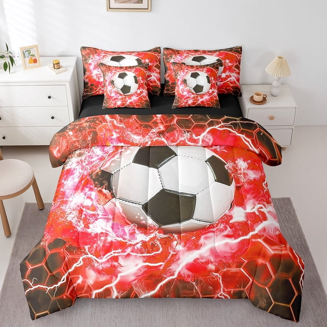 Ensemble Douillette de Soccer pour Enfants, Format Simple; Ensemble de Lit Soccer pour Garçons, Filles et Ados; Ensemble de Lit Rouge et Noir à Éclairs; Ensembles de Lit Réversibles à Motif Géométrique de Nid d'Abeilles Hexagonal avec Ensemble de Draps