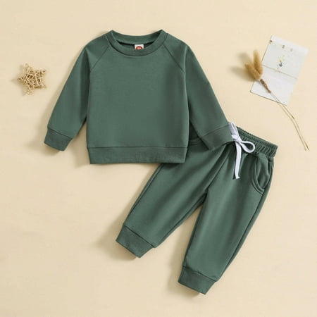 

Qingpeng Clearance Toddler Baby Boys Girls Fall Winter Clothes Solid Color Long Sleeves Crewneck Sweatshirt & Joggers Pants Fall Outfits Set