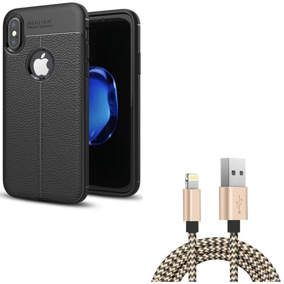 USB Cable w Case for iPhone XS/X - 6ft Charger Cord Power Wire, PU Leather Slim Fit Cover Reinforced Bumper Shock Absorbent for iPhone XS/X