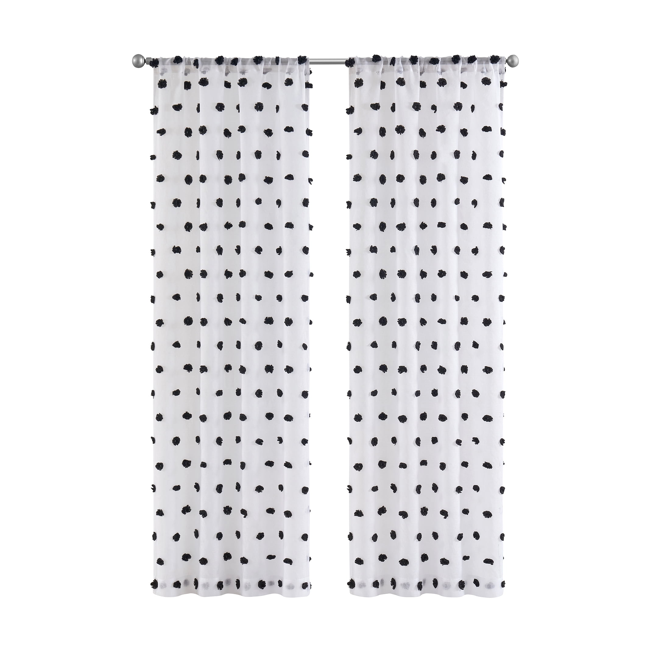 (2 pack) Your Zone Clipped Pom Rod Pocket Sheer Single Curtain Panel, White/Black, 38"W x 84"L