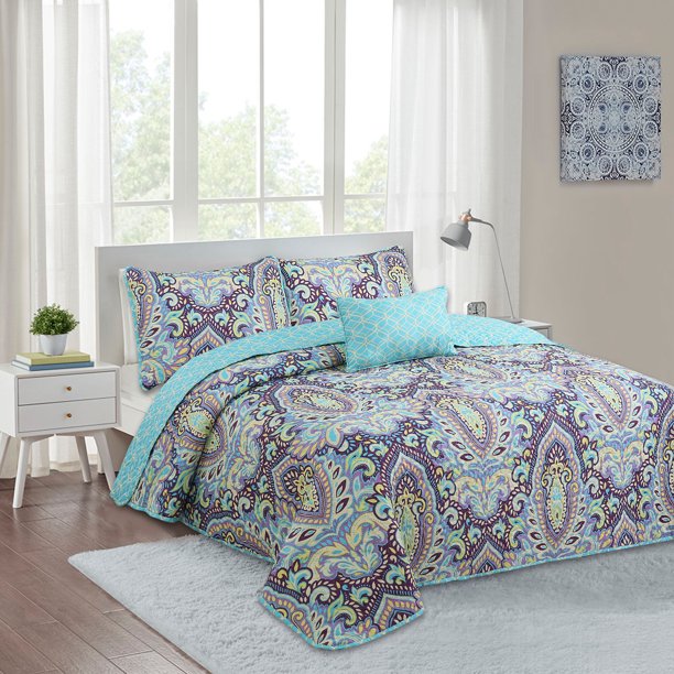 Felicity Jewel Blue 4piece Reversible Machine Washable Quilt Set Twin