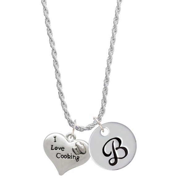 Delight Jewelry Silvertone I love Cooking Heart with Chef Hat Silvertone Script Initial Disc - B - Charm Necklace, 20"+3"