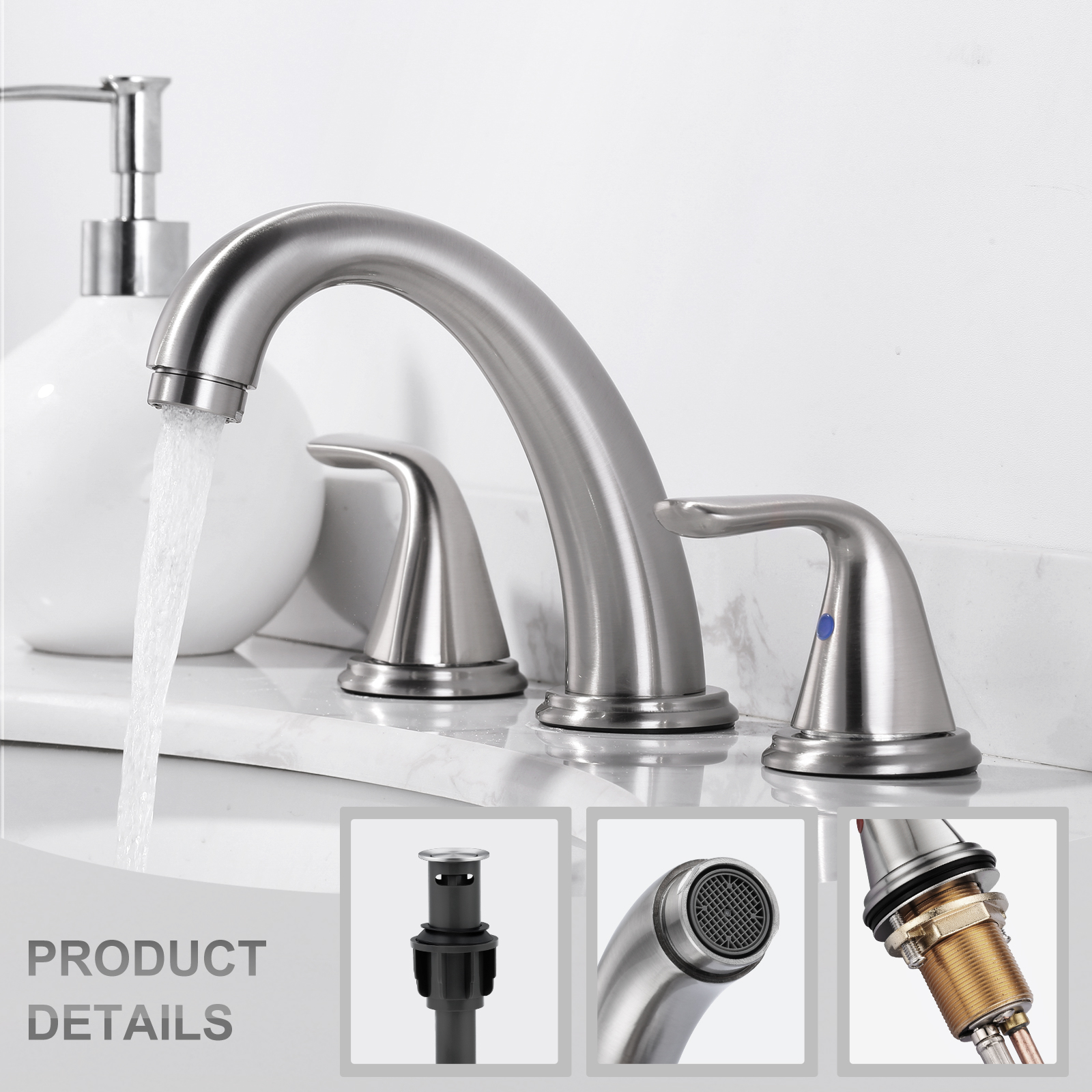 Wowow Bathroom Sink Faucet 3 Holes Brushed Nickel,  Widespread Bathroom Faucet, Bathroom Sink Faucet 3 Holes, Pop Up Drain with Overflow for RV Restroom Vanity Camper