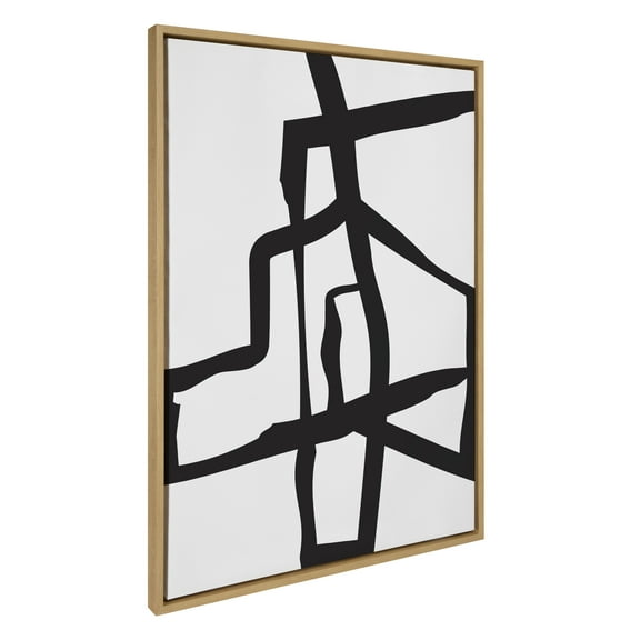 Kate and Laurel Sylvie Bold Sophisticated Abstract Black Stroke Framed Canvas Wall Art by The Creative Bunch Studio, 28x38 Natural, Contemporary Brushtrokes Modern Art for Wall