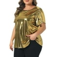 thumbnail image 4 of Agnes Orinda Women's Plus Size Metallic Tops Crew Neck Short Tulip Sleeve Disco Party Sparkly Blouses 3X Gold, 4 of 6