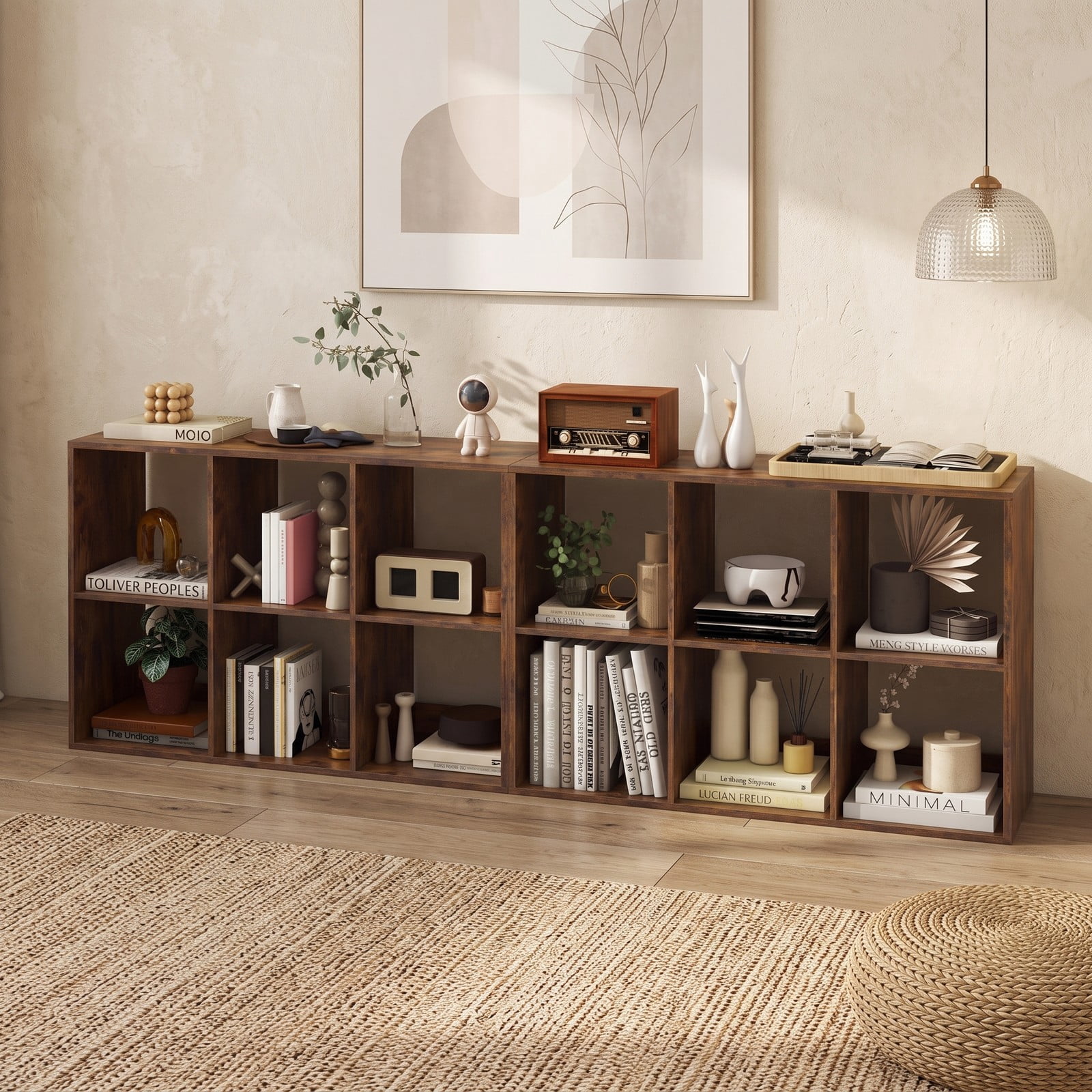 Furnibear 6 Cube Bookshelf, Rustic Brown Wood Cube Storage Organizer with Back Guardrail and Anti-Tip Kit, Freestanding Bookcase for Living Room Bedroom, Rustic Brown