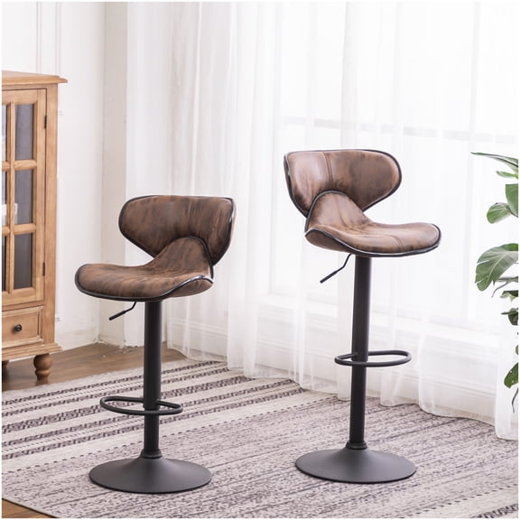 Adjustable Height Swivel Bar Stools with Chrome Base, Set of 2, Brown Weathered Upholstery