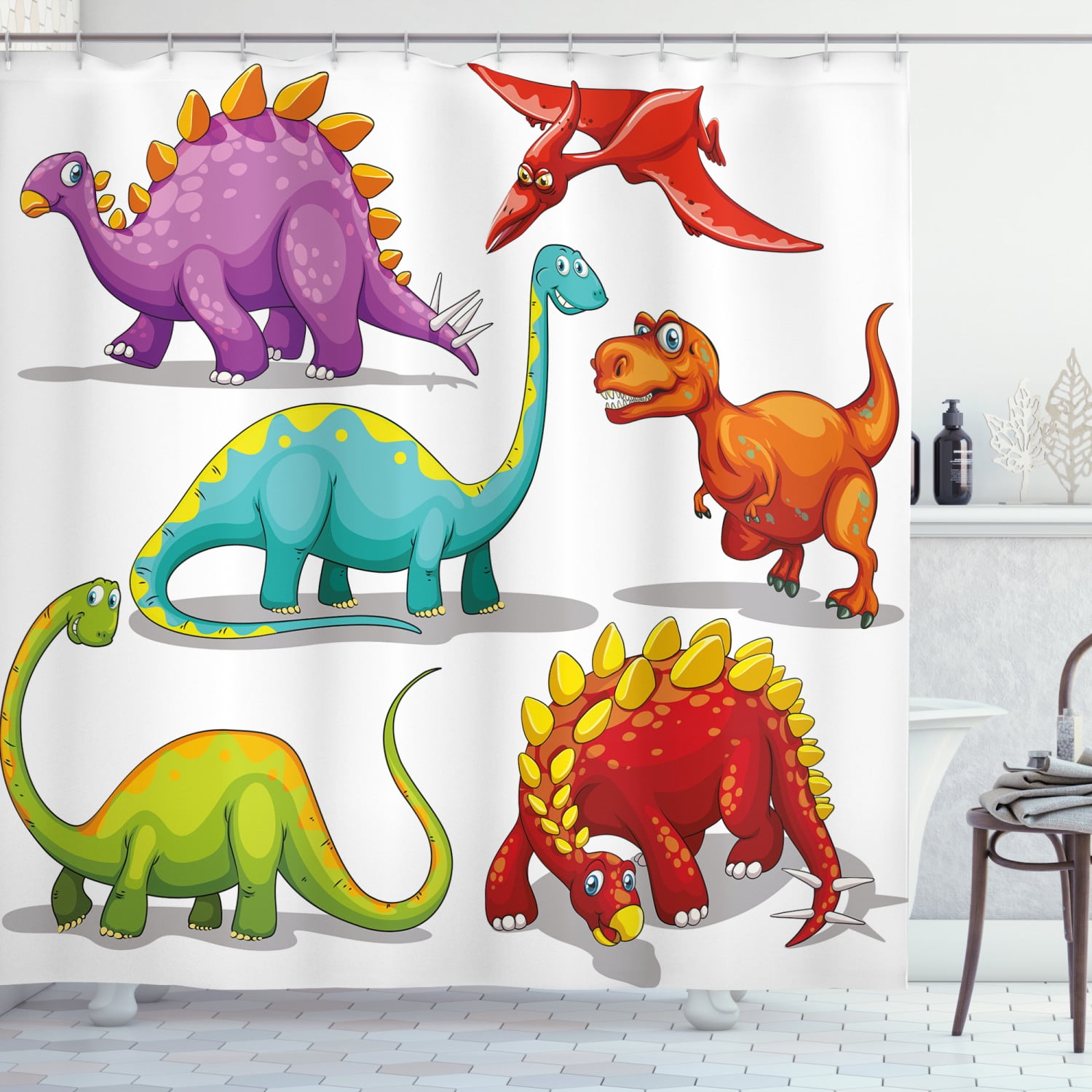 Dinosaur Shower Curtain, Colorful Funny Different Dino Themed Friendly Wildlife  Extinct Animals Ice Age, Fabric Bathroom Set with Hooks, 69W X 84L Inches  Extra Long, Multicolor, by Ambesonne 