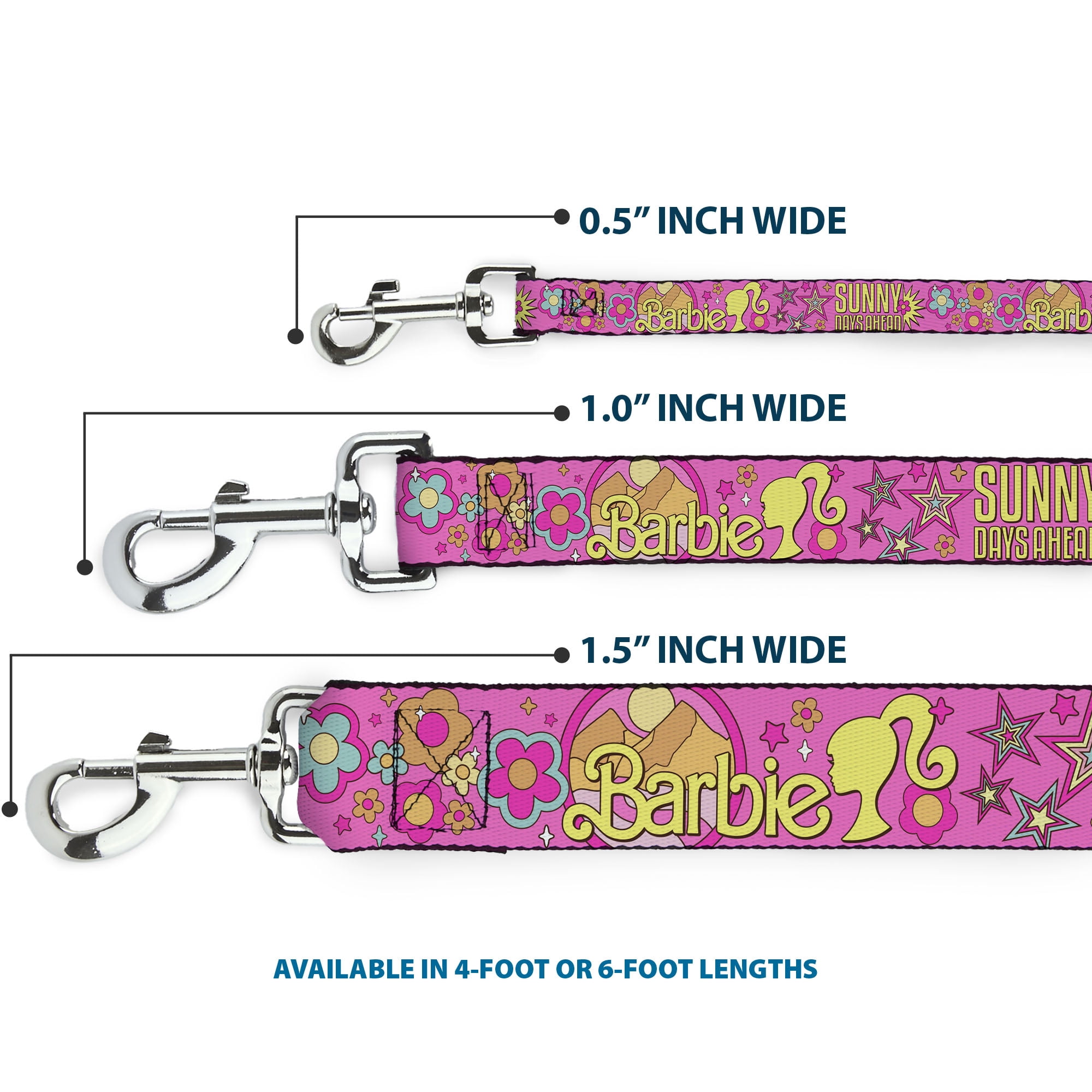 Mattel Pet Leash, Dog Leash, Barbie Sunny Days Ahead Icons Collage Pink Multi Color, 6 Feet Long 1.0 Inch Wide