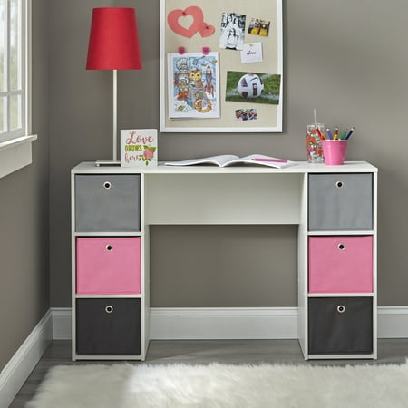 TMS Kids Contemporary Student Writing Desk with Storage Bins, White/Pink