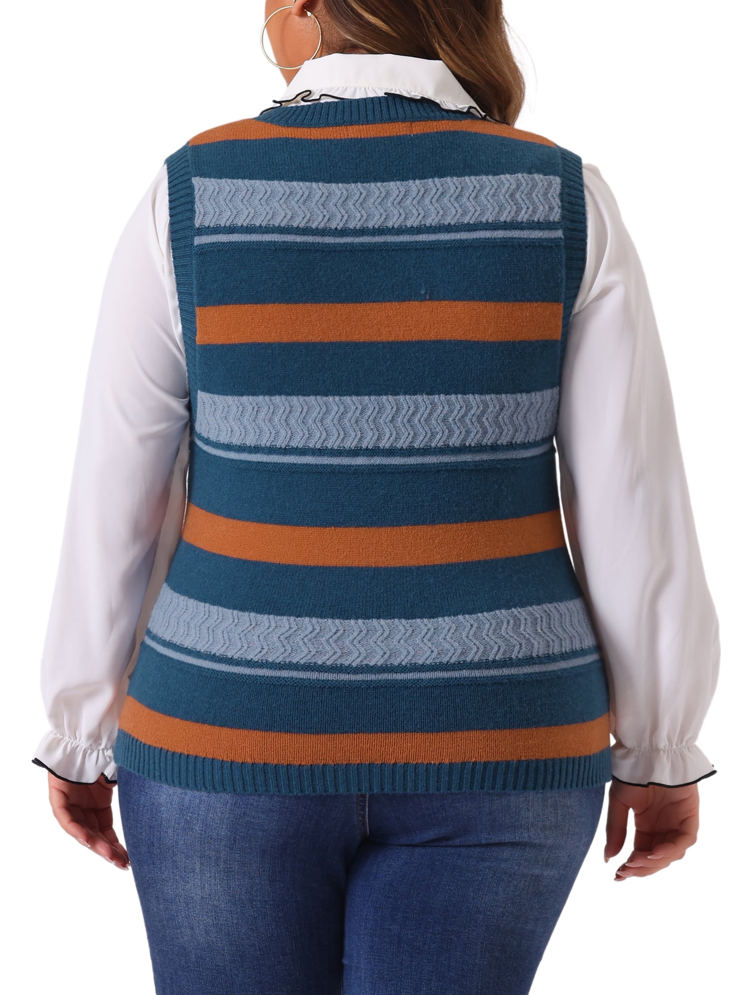 DARING DIVA Women's Plus Size V Neck Striped Knit Sweater Vests 3X Blue