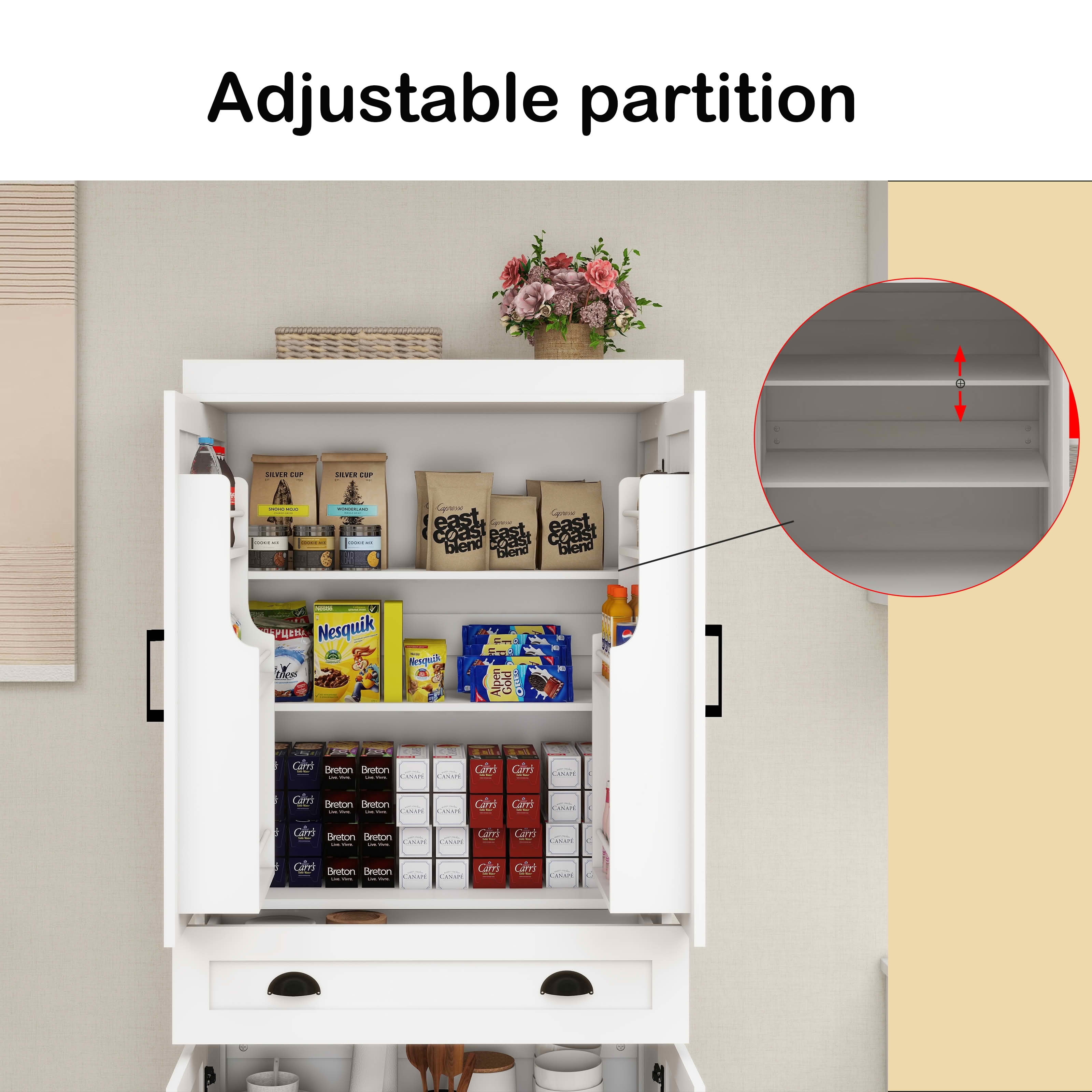 MAYEERTY 71-Inch Kitchen Pantry Storage Cabinet, Freestanding Cupboard with 4 Doors 2 Rack Doors 1 Drawer 2 Adjustable Shelves White