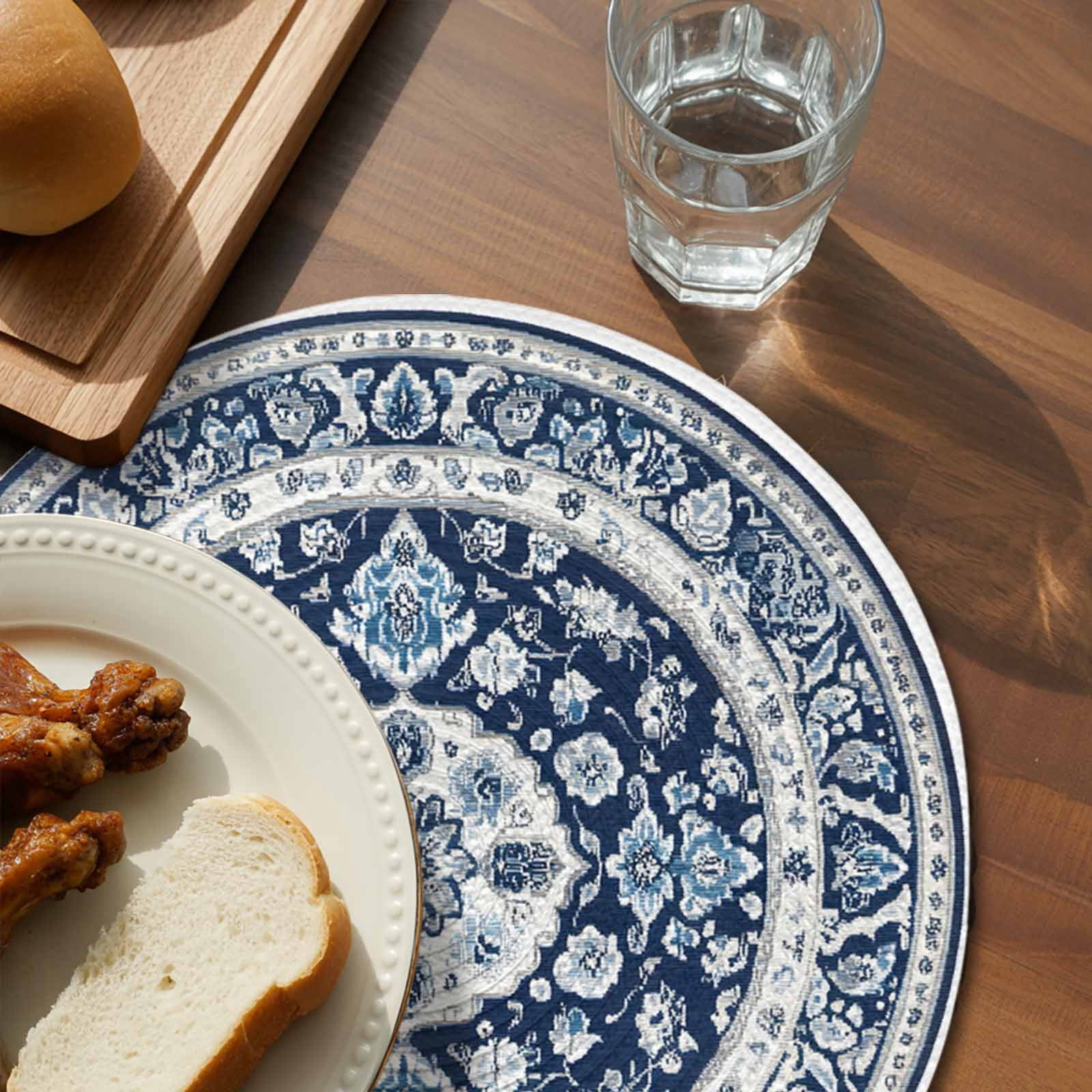 Round Placemats Bohemian White Blue Floral 15 inch Set of 4 Table Mats for Dining Table Vintage Ethnic Heat Resistant Non-Slip Kitchen & Home Decorative Place Mat Set