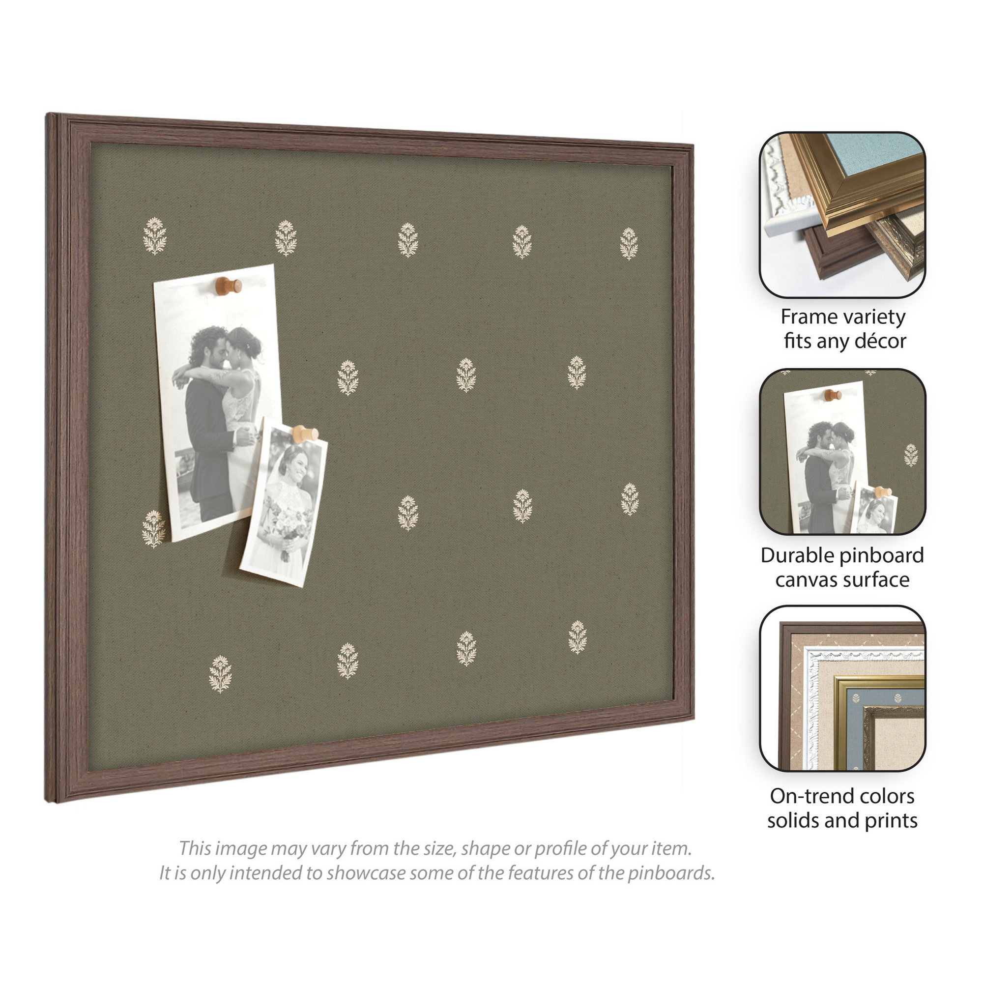 Kate and Laurel Framed Fabric Pinboard 26 x 20, Green Botanical Block Print Printed Linen Classic Bulletin Board for Use as a Vision Board or Wall Organization, Florence Silver Frame