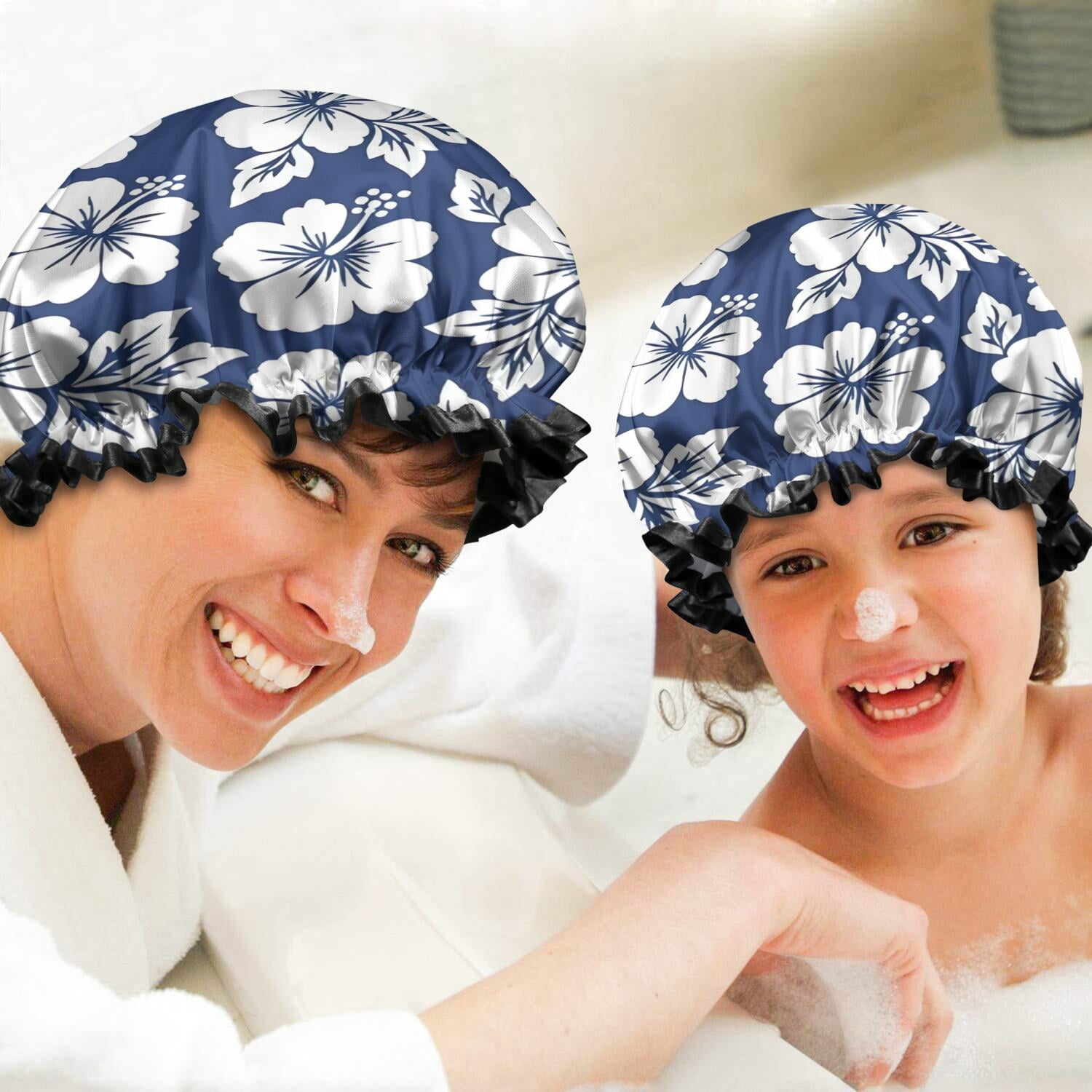 Shower Caps,Pioneer Flower Floral Print Pattern Waterproof Shower Cap for Women 4 Pieces,Double Reusable Hair Cover for Shower PEVA Elastic Stretch Hem