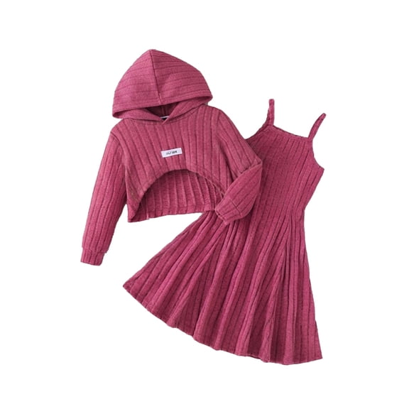 PureChapter Girls' Clothing Sets Ribbed Knit Hoodie Crop Top Flared Spaghetti Strap Dress 2 Piece Outfit