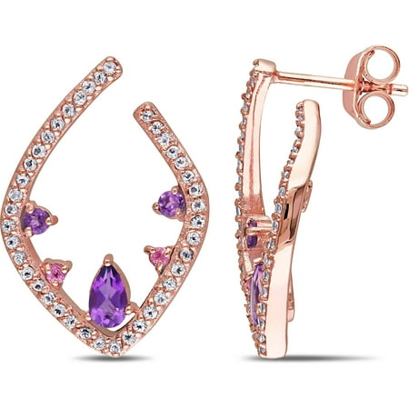 1.016 Carat T.G.W. Amethyst and Pink Tourmaline with White Topaz Pink Rhodium-Plated Sterling Silver Fashion Earrings
