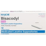 Major Bisacodyl 10 mg Stimulant Laxative Suppository Medicated Laxative Suppositories, 12 Count