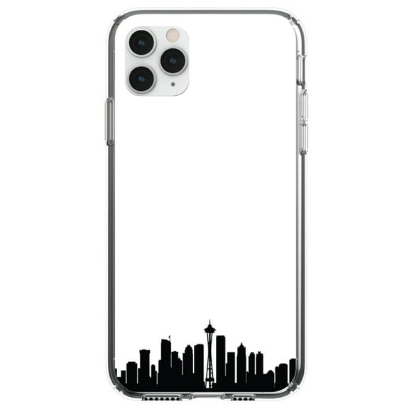 DistinctInk Clear Shockproof Hybrid Case for iPhone 11 Pro MAX (6.5" Screen) - TPU Bumper, Acrylic Back, Tempered Glass Screen Protector - Seattle Skyline Silhouette - Love of Seattle