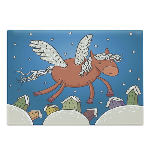 Horse Cutting Board, Vector Illustration of Horse with Wings and the Buildings in Snowy Winter, Decorative Tempered Glass Cutting and Serving Board, Large Size, Dark Orange and Blue, by Ambesonne