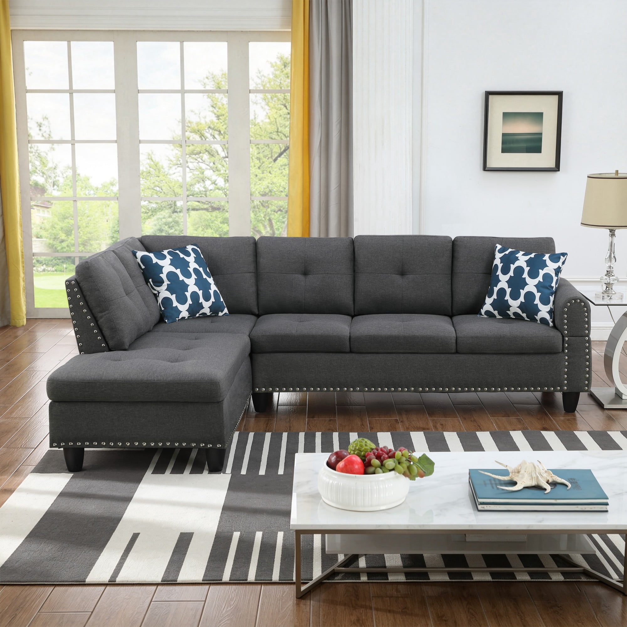 BSHTI 3-Seat Contemporary Linen L-Shaped Sectional Sofa with Chaise, Pull-Down Cup Holders, Toss Pillows for Living Room（Dark Gray）