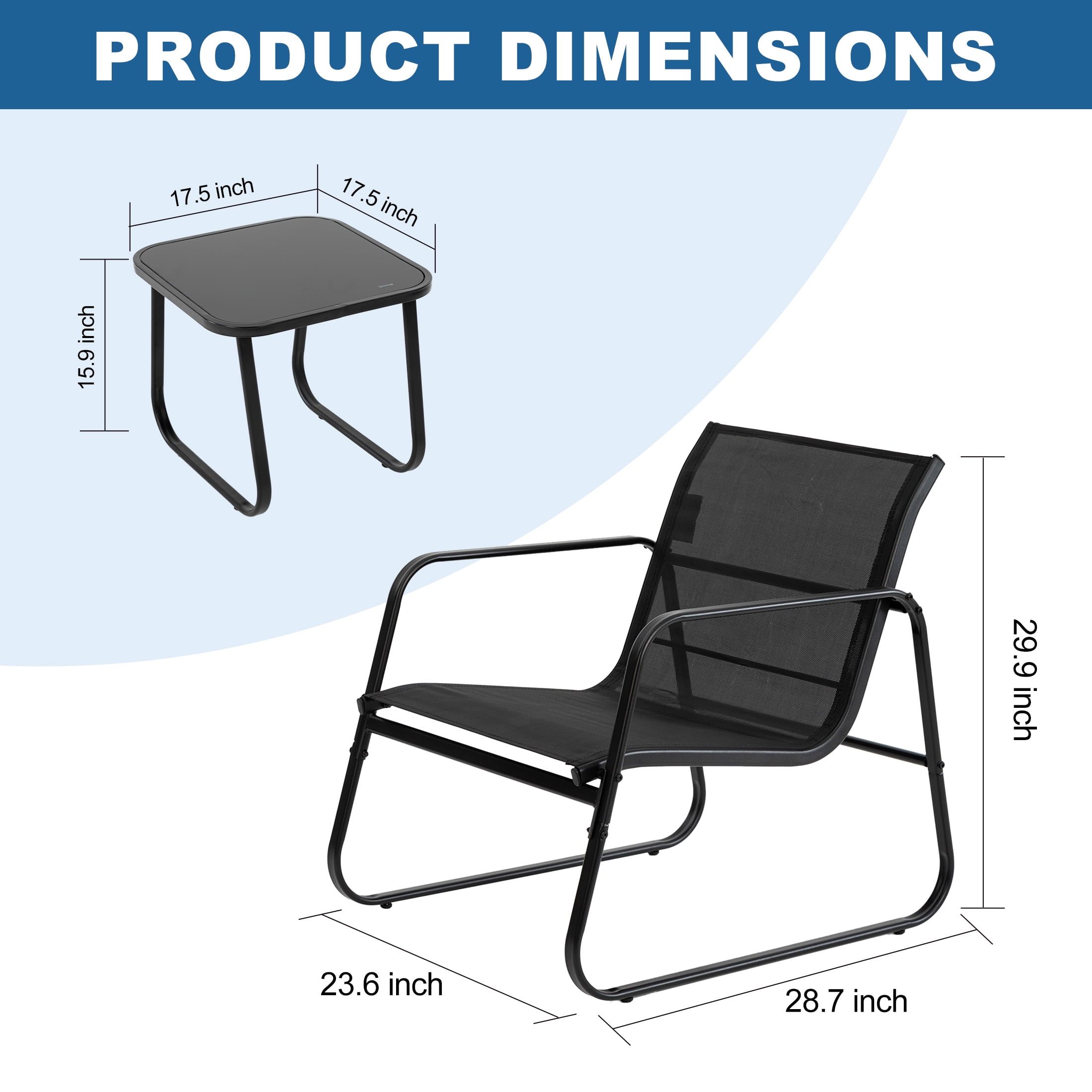 edx 3-Piece Textilene Outdoor Patio Set, Coffee Table & 2 Chairs, Black