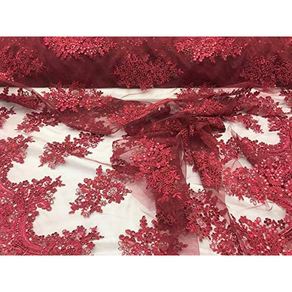 Valentina Textile Inc Sequin Lace Fabric with embroideries on mesh VT- 010 (1 Yard, Burgandy)