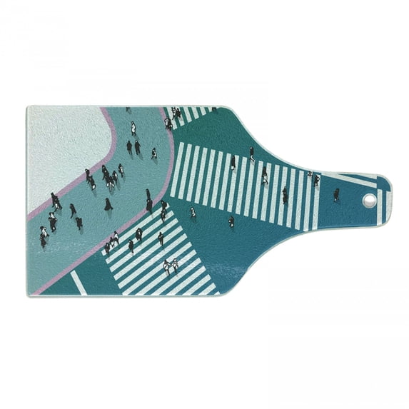 Urban Cutting Board, Illustration of a Busy Street People Crossing High Angle Contemporary Setting, Decorative Tempered Glass Cutting and Serving Board, in 3 Sizes, by Ambesonne