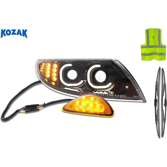 KOZAK Full LED DRL Performance Black Headlight  Side Marker (Passenger Right Side) Compatible with International 4300
