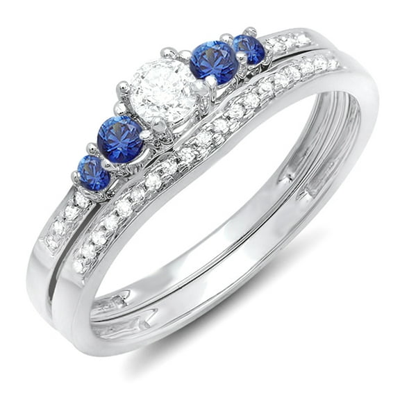 14k White Gold Round Blue Sapphire And White Diamond 5 Stone Bridal Engagement Band Set (Size )