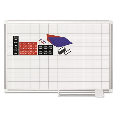 UPC: 0560375011952 | MasterVision MA0392830A 1 in. x 2 in. Grid 36 in. x 24 in. Aluminum Lacquered Steel Magnetic Dry Erase Planning Board with Accessories – White/Silver