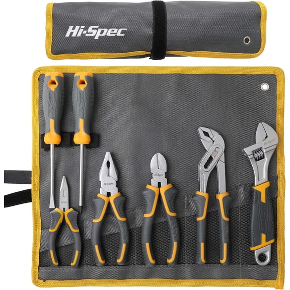 Hi-Spec 7pc Pliers & Wrench Tool Set for Plumbing & Home Repairs with Roll-Up Bag