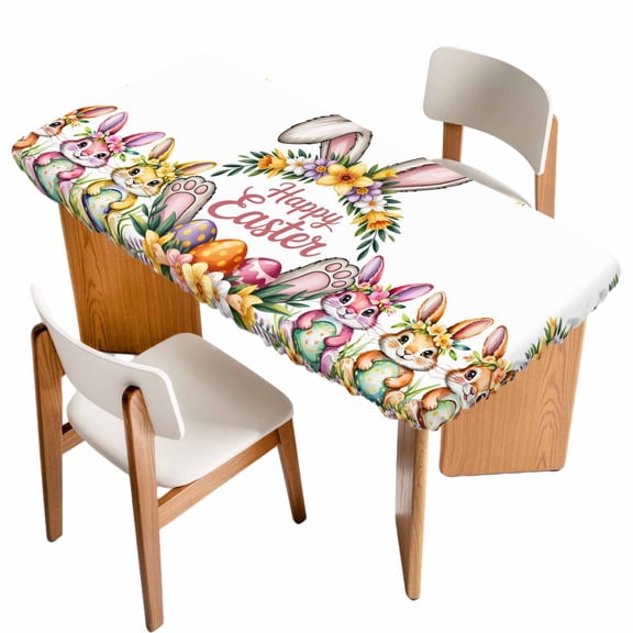 Happy Eatser Table Cloths for 4 Foot Rectangle Tables, Colorful Bunny Eggs Rustic Flowers Botanical Patio Waterproof Elastic Fitted Tablecloths, Washable Rectangular Table Cover for Camping