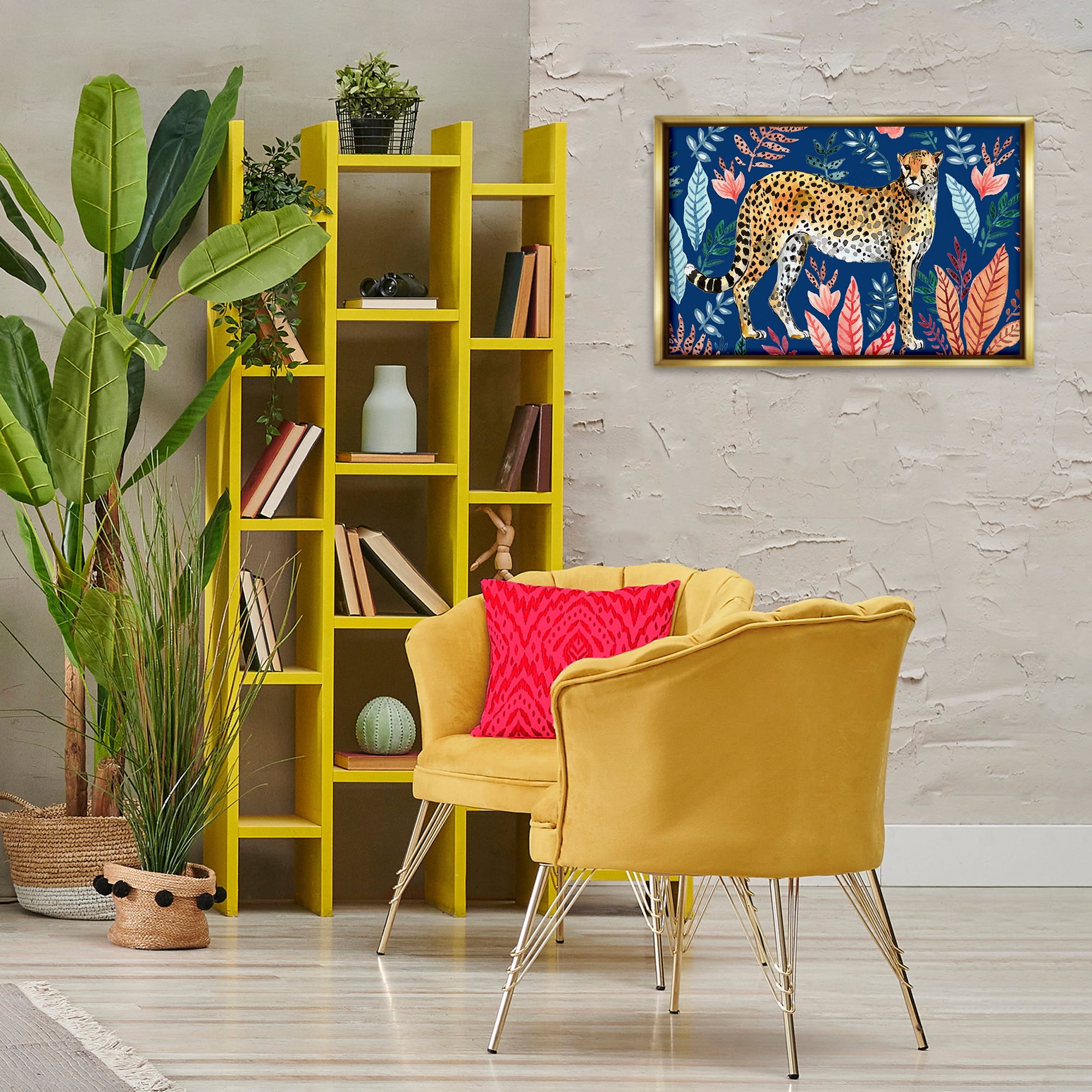 Stupell Industries Jungle Plants & Cheetah Animals Painting Gold Floater Framed Canvas Art Print Wall Art, 25 x 17