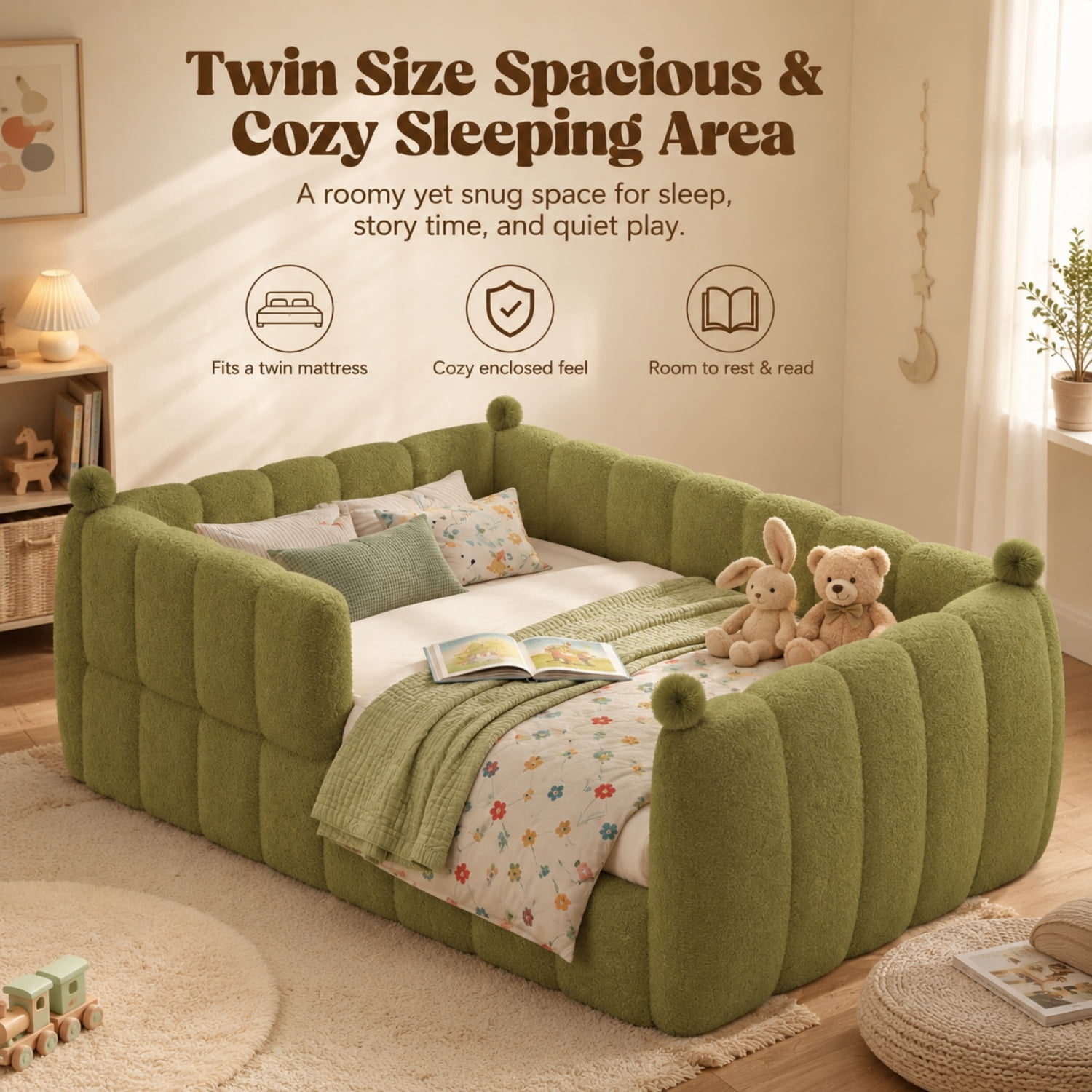 Miniyam Twin Size Kids Floor Bed with Soft Upholstered Guardrails, Low-to-Ground Montessori Bed Frame, Green